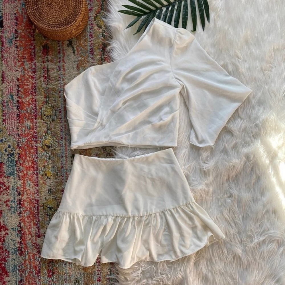 VICI Do + Be Neutral White One Shoulder Cropped Two Piece Matching Skirt Set